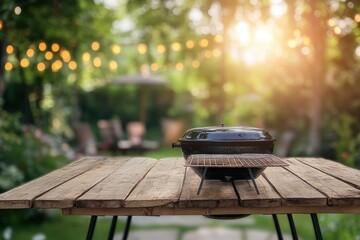 summer time party in backyard garden with grill BBQ, wooden table, blurred background , ai