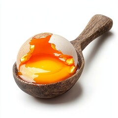 Soft-boiled egg cracked open, runny yolk, rustic wooden spoon, isolated on white background, warm tones