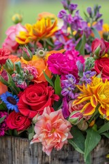 Poster - Colorful bouquet of flowers in a wooden container.