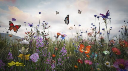 Wall Mural - Colorful butterflies flutter amongst vibrant wildflowers in a lush meadow.