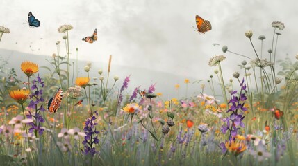 Wall Mural - Colorful butterflies flutter above a field of wildflowers.