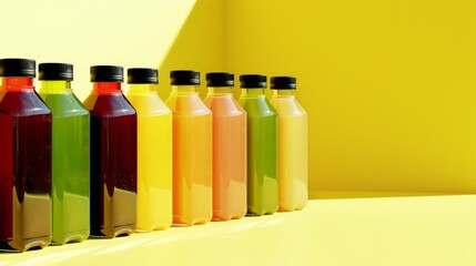 Wall Mural - Colorful glass bottles of juice on a yellow background.