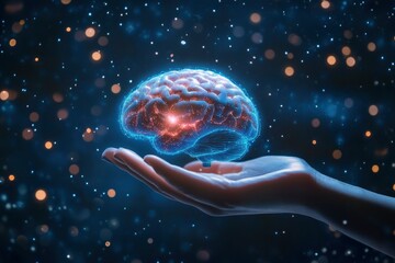 Hand Holding Human Brain - Futuristic Concept of Intelligence, science and mind , ai