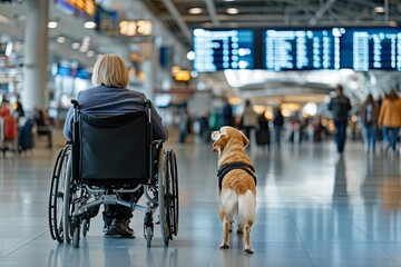 A woman in a wheelchair is accompanied by a dog