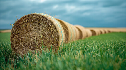 Drying hay bales lined up on a vibrant green field