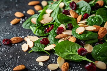 Wall Mural - Sliced almonds and dried cranberries scattered on fresh spinach leaves with cranberry seeds, Sliced almonds and dried cranberries scattered over a bed of spinach