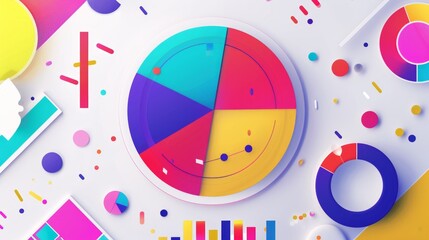 Wall Mural - Colorful pie chart with various shapes and sizes on white background.