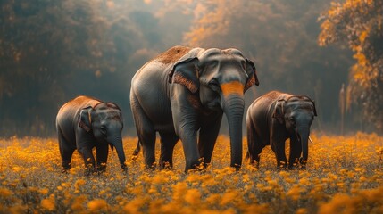 Elephant family posing together in lush green field