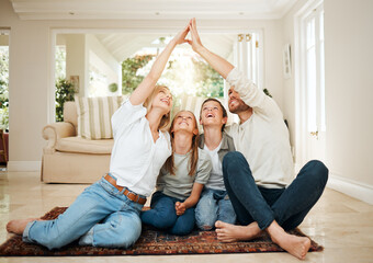 Poster - Family, children and home with protection, gesture and parents with gratitude on living room floor together. Smile, kids and relationship with mother, father and siblings bonding at house in lounge