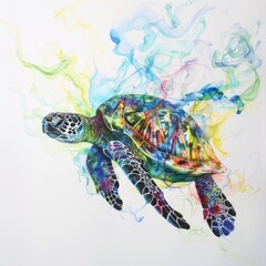 Canvas Print - Colorful sea turtle swimming with watercolor background.