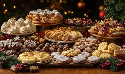 Wall Mural - A table full of various desserts and cookies, including some with powdered sugar