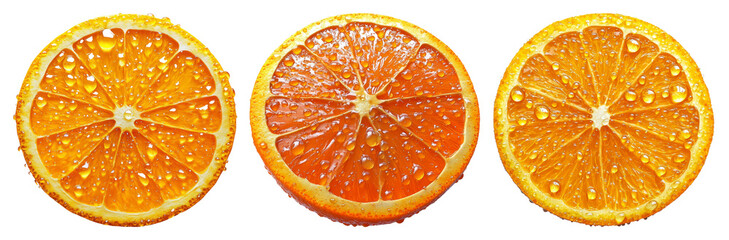 Three orange slices with water drops isolated on transparent background