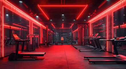 Red-lit empty gym with sleek equipment and dramatic nighttime shadows. Generative AI.