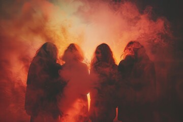 Wall Mural - A group of friends gathered around a fire, surrounded by smoky haze, Smoky haze enveloping a group of friends