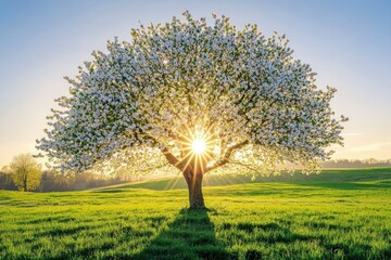 Sticker - A Blooming Tree With The Sun Shining Through Its Branches In A Field