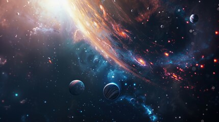 Poster - Cosmic swirl with planets and stars in deep space.