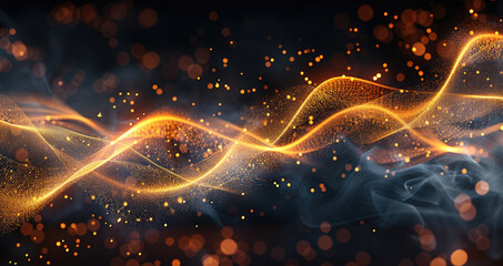 Leinwandbilder - A dark black background with golden and orange flowing lines, technological marvels, bokeh, smokey background. Generative AI.