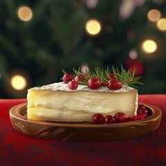 Poster - Creamy brie cheese with cranberries and pine sprigs on wooden platter.