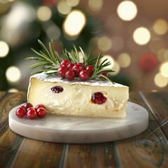 Sticker - Creamy brie cheese with cranberries and rosemary sprig on a marble plate.