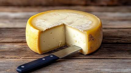 Gouda cheese wheel with knife cut, aged texture details, wooden background, deep shadows, rustic feel, large negative space, yellow and navy gradient