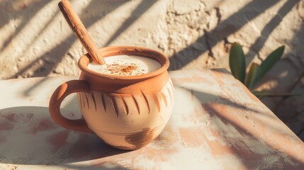 Sticker - Creamy drink in a traditional clay mug with cinnamon stick.