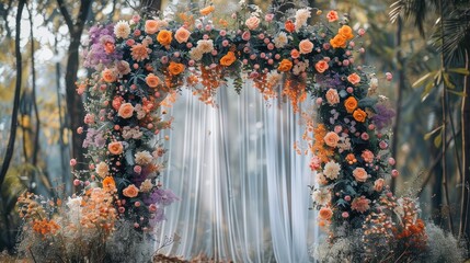 Wall Mural - Boho theme color symmetrical wedding backdrop outdoor Park with floral decoration on the side natural light. Generative AI.