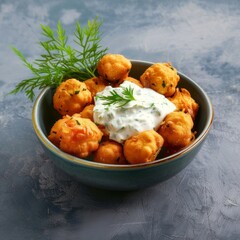 Sticker - Crispy fried balls with creamy dill sauce in a bowl.