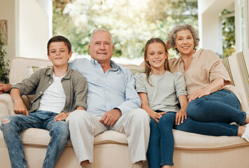 Poster - Family, portrait and home with happy grandparents, children and love with smile and joy from bonding. Living room, care and support of senior people with youth ready for weekend on couch together