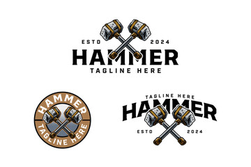 stone hammer logo design for handyman and laborer craftsman professional with crossed brick hammer sign symbol modern logo. set of rock hammer tool emblem badge logo illustration