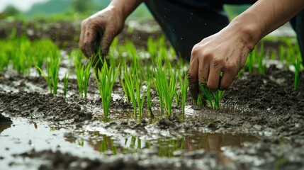 A close-up of Korean farmers' hands planting young rice in the wet, muddy fields of Angang-eup, Gyeongju-si, South Korea, with vibrant green seedlings and water reflections