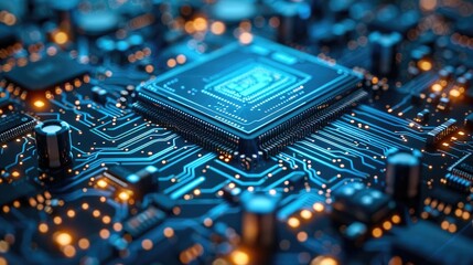 Leinwandbilder - Digital blue circuit board with a chip, a technological background. Digital technology concept. the chip and the lines of electronic circuits that form an intricate pattern on it. Generative AI.