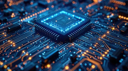Leinwandbilder - Digital blue circuit board with a chip, a technological background. Digital technology concept. the chip and the lines of electronic circuits that form an intricate pattern on it. Generative AI.