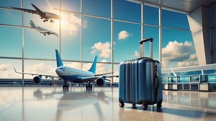 Travel theme: two luggage in an airport terminal with a blue sky and an airplane in the backdrop. 3D Production