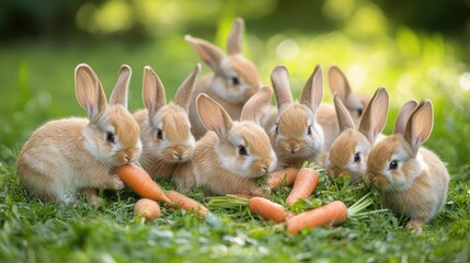 A collection of adorable baby bunnies nibbling on carrots and fresh grass in a green garden. Soft fur and twitching noses create a peaceful Easter scene.