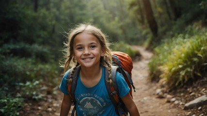 Wall Mural - young kid caucasian girl hiking trail background portrait 