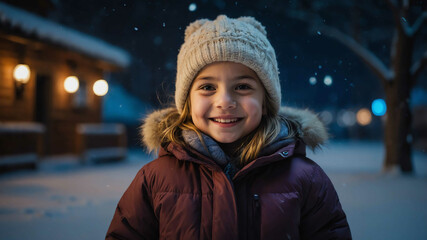 Wall Mural - young kid caucasian girl winter night background portrait 