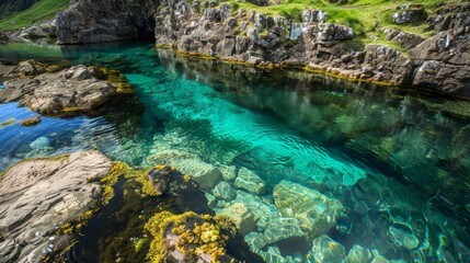 Poster - Crystal-clear turquoise water flows through a rocky gorge.