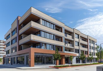 modern apartment building with a blue sky