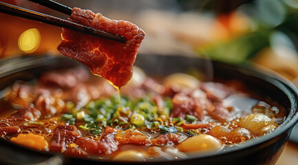 Wall Mural - A close-up view of a hot pot, with focus on fresh ingredients being dipped into the boiling broth. Chopsticks holding a piece of thinly sliced beef. Generative AI.