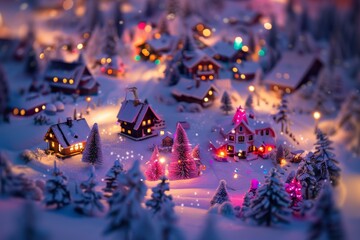 Sticker - A lively Christmas village adorned with numerous trees and colorful lights, creating a festive and joyful atmosphere, Snow-covered village with colorful lights twinkling