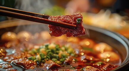 Poster - A close-up view of a hot pot, with focus on fresh ingredients being dipped into the boiling broth. Chopsticks holding a piece of thinly sliced beef. Generative AI.