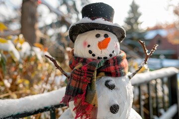 Canvas Print - A snowman adorned with a top hat and scarf, featuring a carrot nose standing in the snow, Snowman wearing a top hat and scarf with a carrot nose