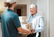 © KayExam/peopleimages.com - Delivery man, old person or boxes in home for client, product distribution or front door customer service. Retirement, ecommere order or courier worker with shipping package or goods for senior