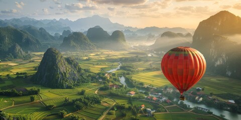 Hot Air Balloon Soaring Over Lush Green Valley and Mountainous Landscape