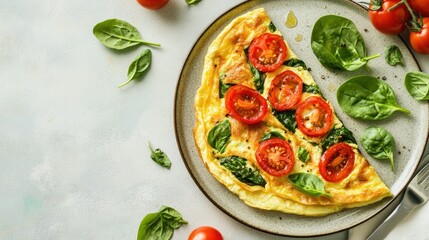 A flat lay shot of a fluffy omelette stuffed with juicy tomatoes and spinach, arranged on a light stone surface, ideal for promoting nutritious and delicious breakfast ideas,