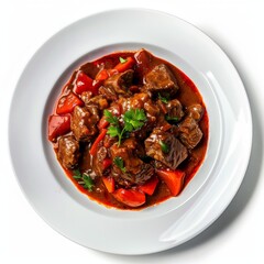 Poster - Delicious beef stew with red peppers and parsley on a white plate.