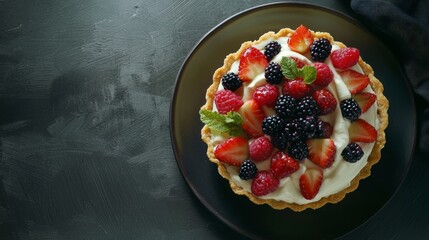 Wall Mural - Delicious fruit tart with whipped cream, strawberries, raspberries and blackberries on a black plate.