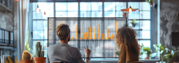 Poster - Office discussion over company growth charts. Generative AI.