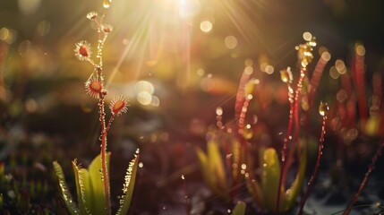 Dew drops on a red sundew plant in the morning sun.