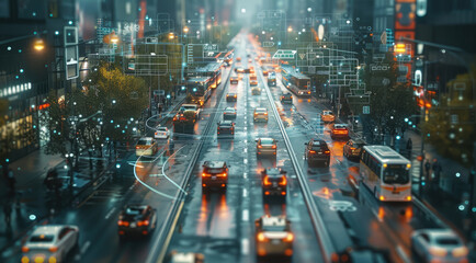 Wall Mural - Smart Traffic System in a Futuristic City, A high-tech cityscape where vehicles move seamlessly thanks to an integrated smart traffic system. Transparent virtual interfaces hover above intersections.